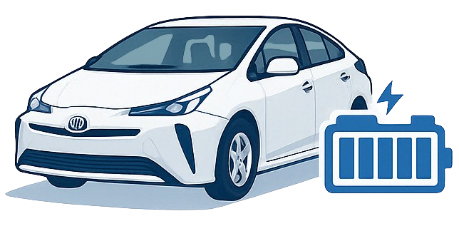 White hybrid car with battery icon for sustainable driving.