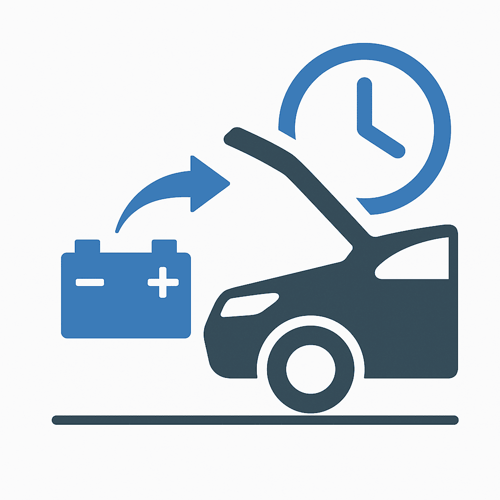 Car battery replacement icon with clock symbol for maintenance