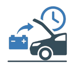 Car battery replacement icon with clock symbol for maintenance Car battery replacement icon with clock symbol for maintenance